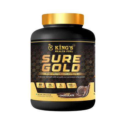 Kings Health Fuel Sure Gold Whey Protein Chocolate 2kg pack front view 26g protein