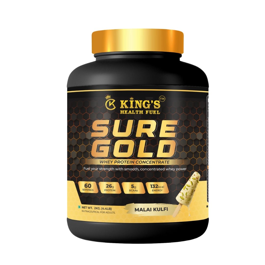 Kings Health Fuel Sure Gold Whey Protein Malai Kulfi 2kg pack front view 26g protein