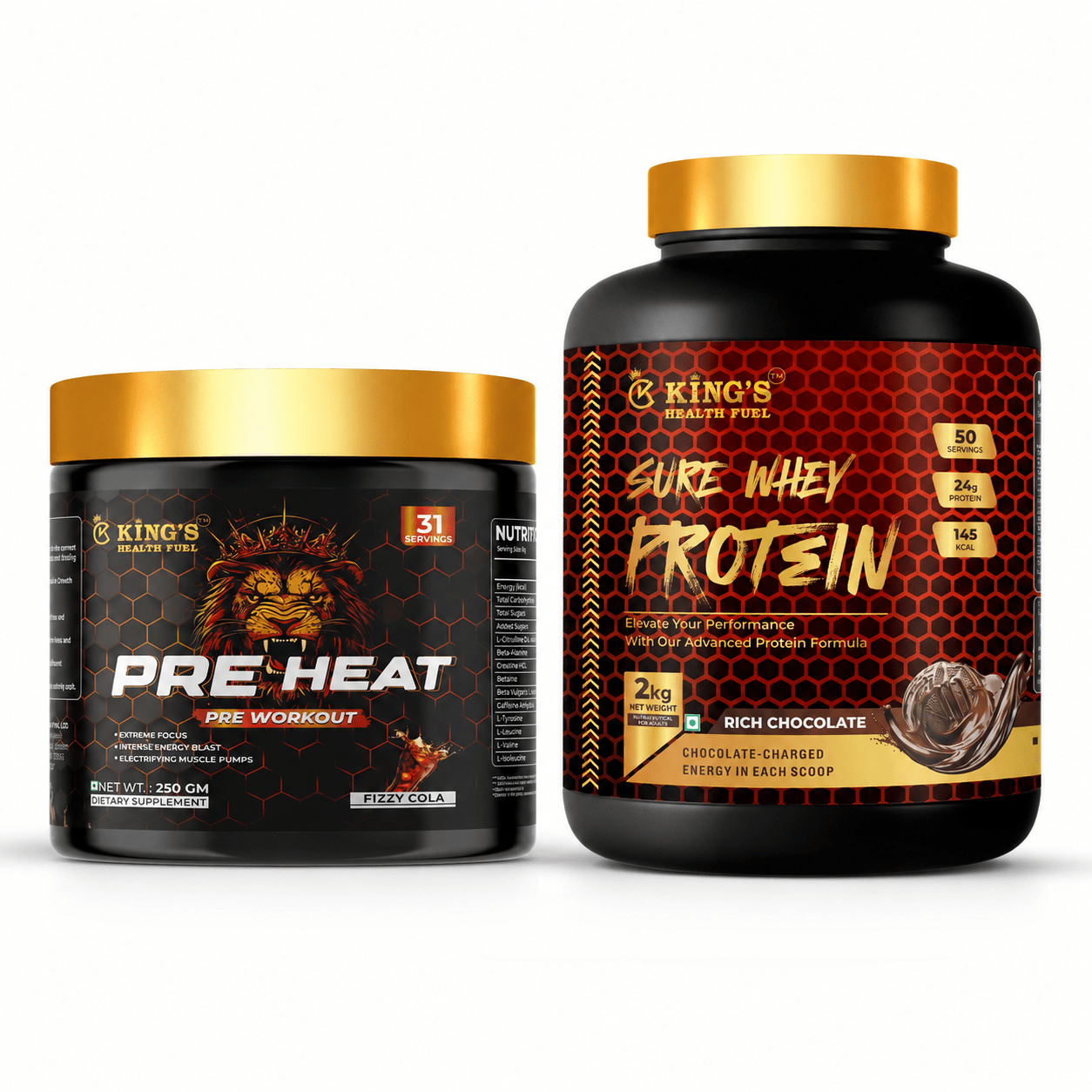 Sure Whey Protein 2kg Combo + Free Pre Heat Pre Workout 250g | Muscle Growth & Recovery | Kings Health Fuel - Kings Health Fuel