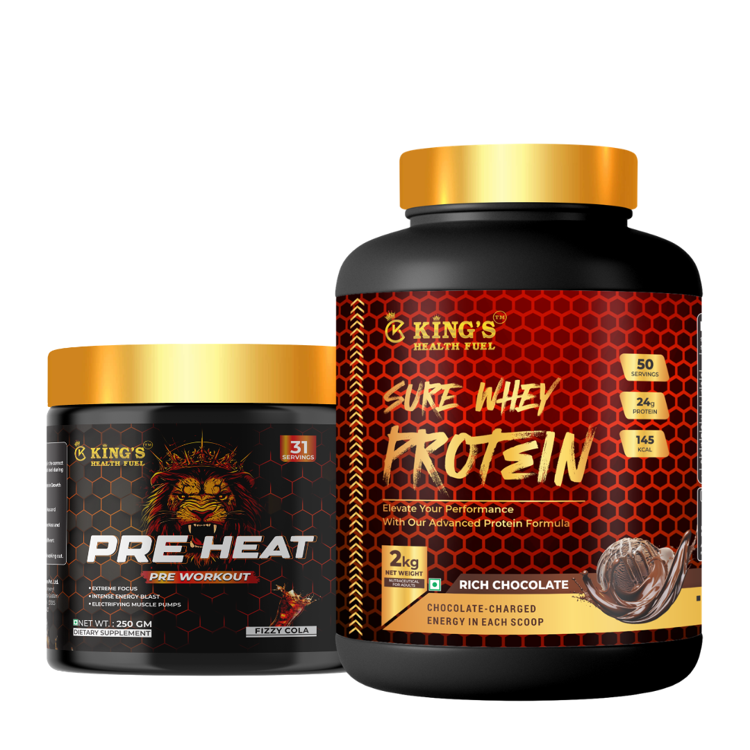 Kings Health Fuel Sure Whey Protein Chocolate 2kg with free Pre Workout combo offer