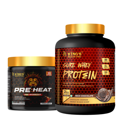Kings Health Fuel Sure Whey Protein Chocolate 2kg with free Pre Workout combo offer