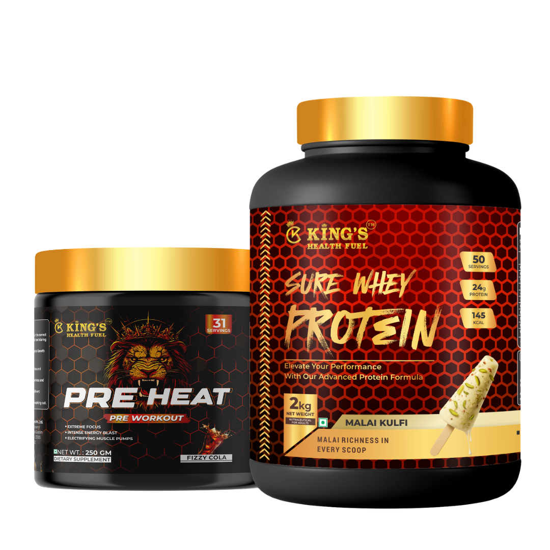 Kings Health Fuel Sure Whey Protein Chocolate 2kg with free Pre Workout combo offer