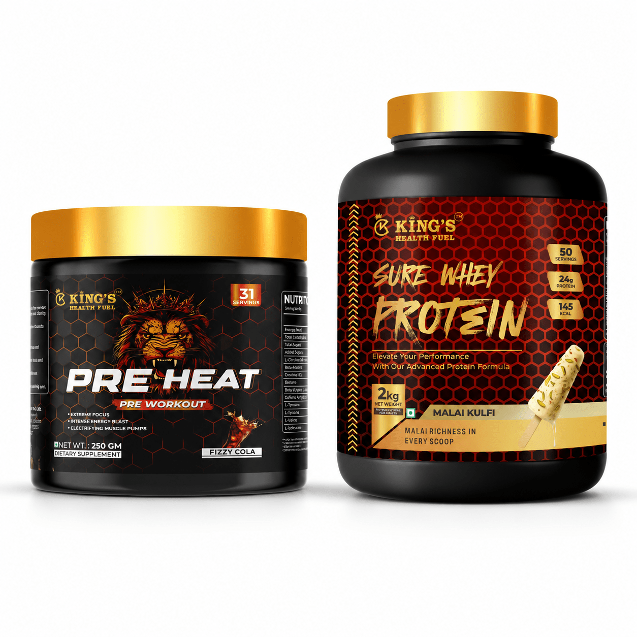Sure Whey Protein 2kg Combo + Free Pre Heat Pre Workout 250g | Muscle Growth & Recovery | Kings Health Fuel - Kings Health Fuel